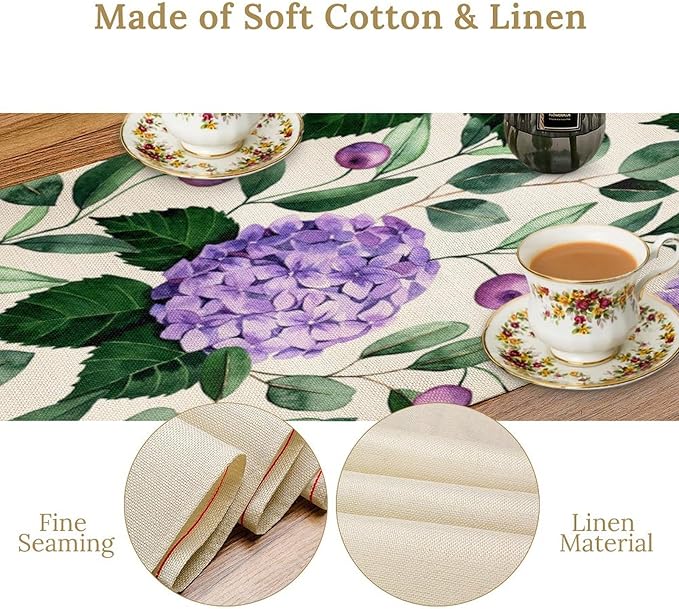 Spring Hydrangea Flower Table Runner, Seasonal Summer Plants Eucalyptus Leaves Purple Florals Dinner Runner for Home Kitchen Dining Table Party Holiday Decoration 13"x108"