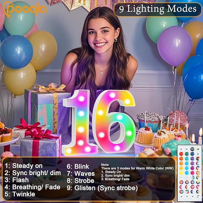 Pooqla Colorful Lighted Numbers with Remote, 35 Colors Light Up Numbers for Party, RGB LED Marquee Number Lights Gift for Girls Boys 8th Birthday Decoration Wedding Bar Night Light Home Decor Number 8
