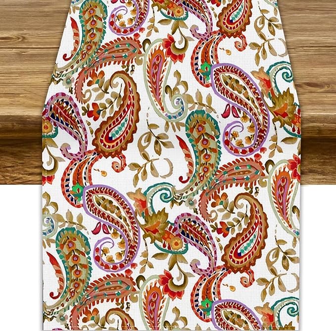 Colorful Paisley Table Runner, Boho Vintage Pink Red Teal Floral Leaves Print Table Runner for Home Kitchen Dining Table Holiday Party Decor, 13x60inch