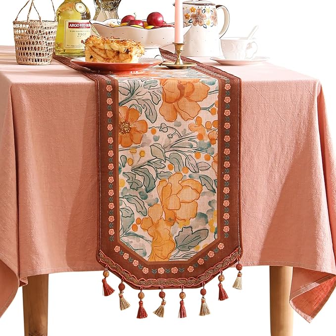 Designer Vintage Orange Floral Small Table Runner,French Farmhouse Soft Linen Coffee Table Runners 63 Inches Long,Decor Tabletop for Kitchen,Dining,Party,Home,Christmas,12"*63"