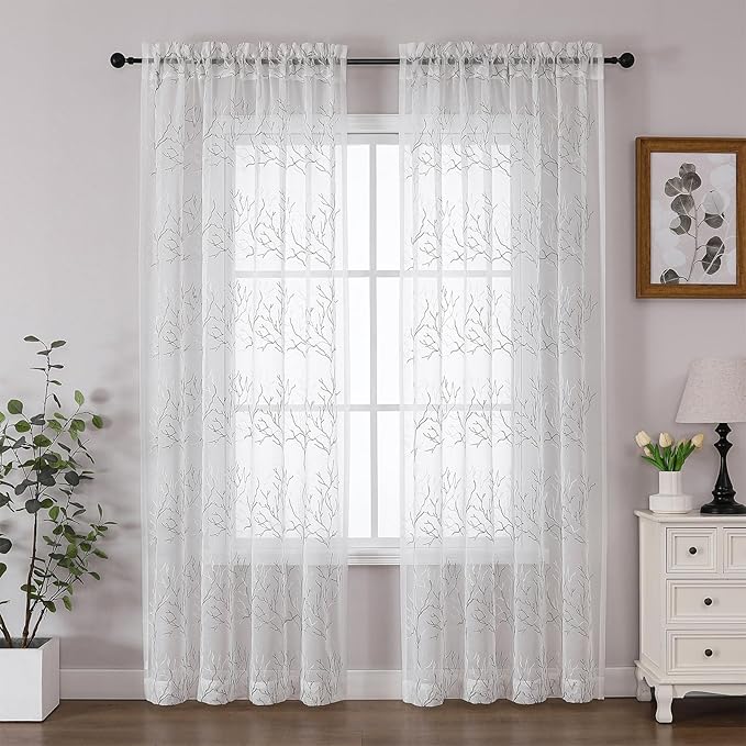 VISIONTEX Sheer Curtains 95 inch Length 2 Panels Set, Decorative Grey Coral Embroidery, Rod Pocket Embroidered Window Drapes for Living Room and Bedroom, 54" x 95"