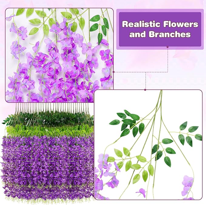 Wisteria Hanging Flowers,Fake Hanging Flowers,Wisteria artificiales Garland for Home Wedding Arch Floral Party Garden Ceremony Outdoor Decor,3.6 feet Long(12,Purple)