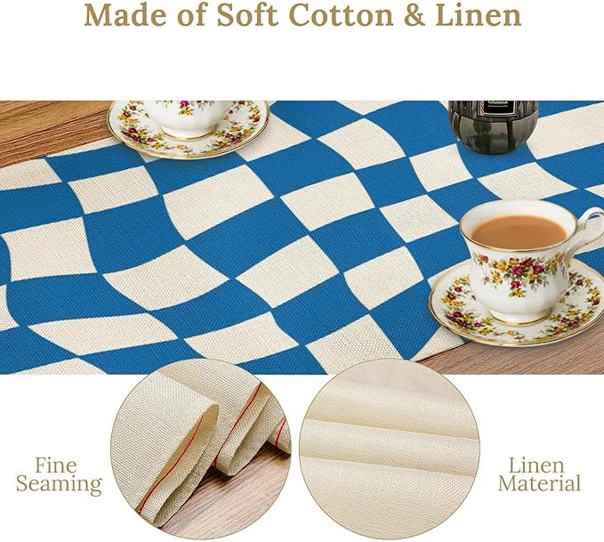 Table Flag Retro Plaid 60s70s Blue Plaid Table Flag Kitchen Restaurant Decoration Suitable for Indoor and Outdoor Festival Home Wedding Party Table Flag 13x120
