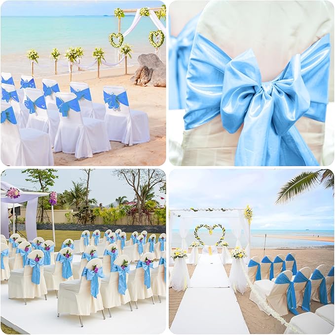 50 PCS Baby Blue Satin Chair Sashes Bows Universal Chair Ribbon Ties Back Sash for Wedding Party Reception Events Banquets Hotel Event Chair Cover Decoration (7x108 inch)