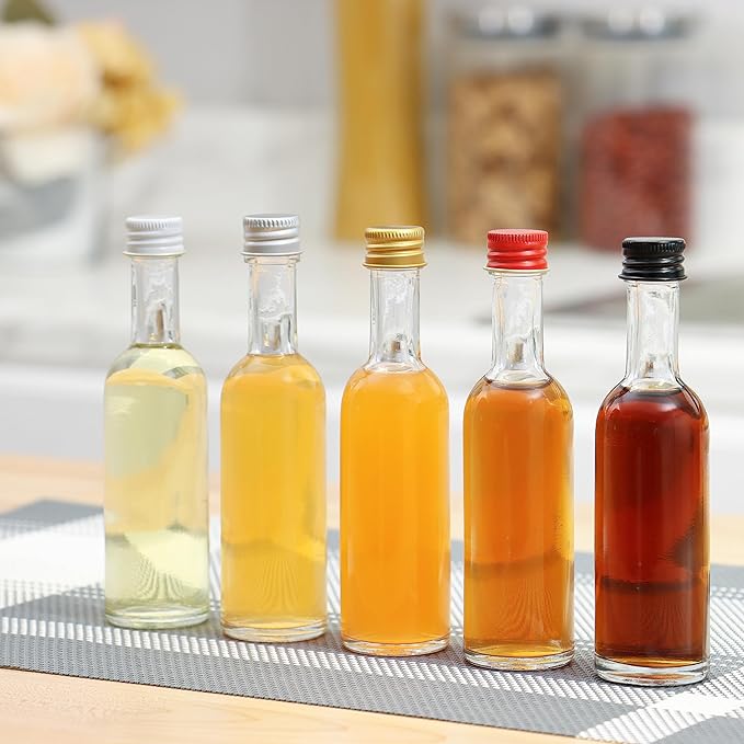50 ml Mini Glass Bottles With Aluminum Lids and Heat Shrinks, 24 Pack (Red Caps) for Liquor Sauce Beverage Sample Party Favor Ginger Wellness Shots