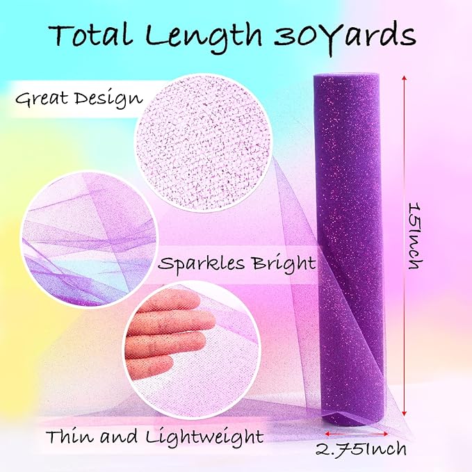 Sparkling Tulle Rolls, 15” by 30 Yards (90FT) Glitter Tulle Spool Ribbon Fabric for Wedding Birthday Bridal Shower Tutu Skirt Party Gift Wrapping(Purple)