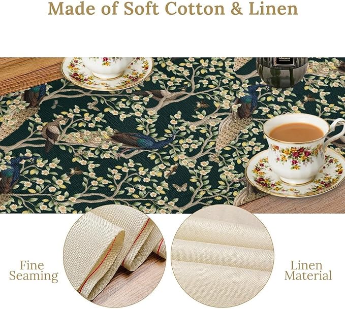 Peacock Table Runner,Retro Floral Plants Peacock Table Runner for Home Kitchen Dining Party Indoor Outdoor Decoration 13x36 Inch