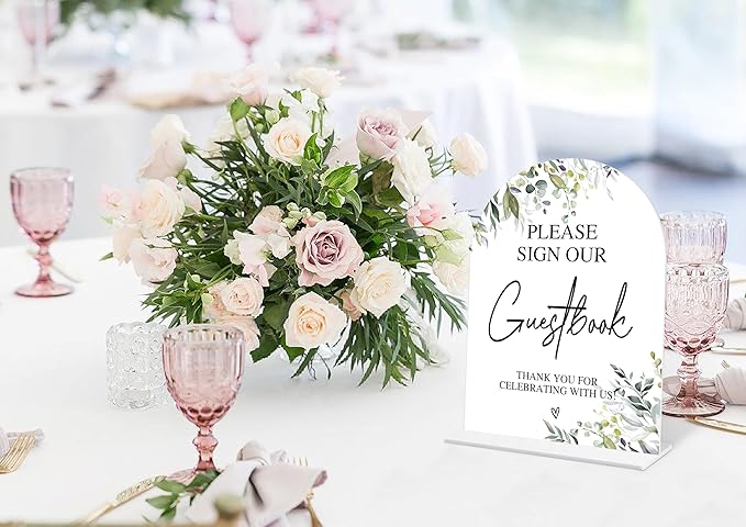 Greenery Please Sign Our Guestbook Sign, 6 x 8 Inch White Arch Acrylic Wedding Sign with Holder, Wedding Sign for Ceremony and Reception, Wedding Decoration, Wedding Supplies - LY02