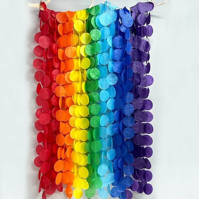 205Ft Rainbow Party Decorations Big Polka Dots Tissue Paper Backdrop Streamer Colorful Circle Dots Hanging Curtain Garland for Birthday Fiesta Carnival Baby Shower Wedding Engagement Party Supplies