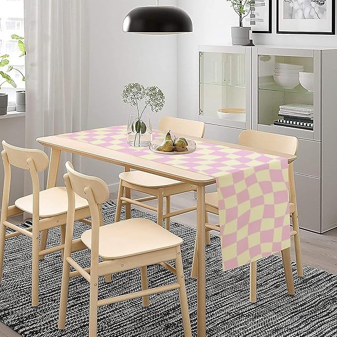 Hippie Table Runner Retro Geometric Square Purple Grid 60s70s Style Kitchen Restaurant Decoration for Indoor and Outdoor Wedding Party Table Runner 13x70 Inch
