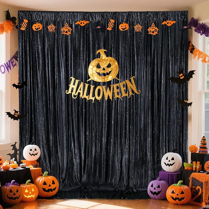 Black Backdrop for Parties 4 Panels 4.8x8FT Sequin Curtains Backdrop Drapes Giltter Photo Photography for Wedding Bridal Baby Shower Graduation