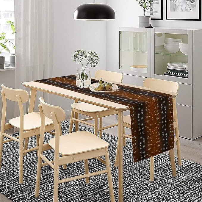 Deer Skin Table Runner Brown Fur Runner Black White Elk Deer Print Fur Western Print Cotton Linen Cottage Dinner Table Runners for Dining Room Kitchen Table Setting, 13x36 Inch