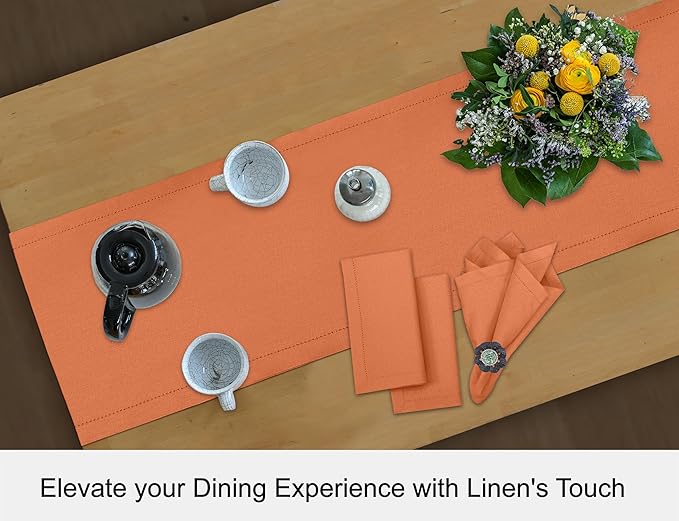 Ruvanti Linen Table Runner 72 Inches, Classic Hemstitch, Washable, Reusable, Non-Slipping, Stain Resistant- Perfect for Parties, Weddings, Dinners, Thanksgiving, Christmas, Indoor use – Orange