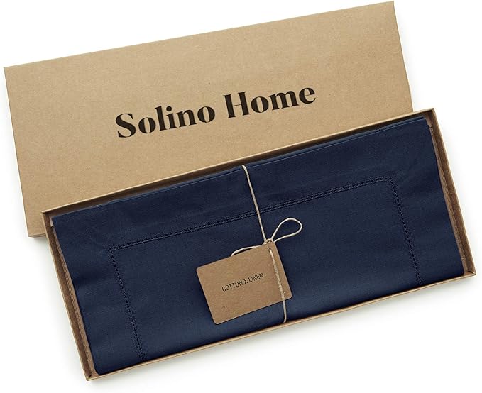 Solino Home Navy Blue Table Runner 132 Inches Long - Cotton Linen Hemstitch Extra Long Table Runner 14 x 132 Inch for Fall, Autumn, Thanksgiving, Christmas, Holiday