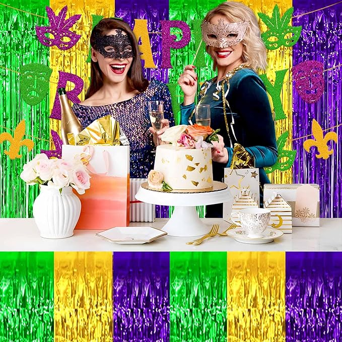 3 Pack 29 x108 Inch Gold Green Purple Foil Fringe Table Skirts Metallic Banner for Tinsel Streamer Garland Backdrop for Parade Floats Mother's Day, Graduate, Birthday, Wedding Party Decoration