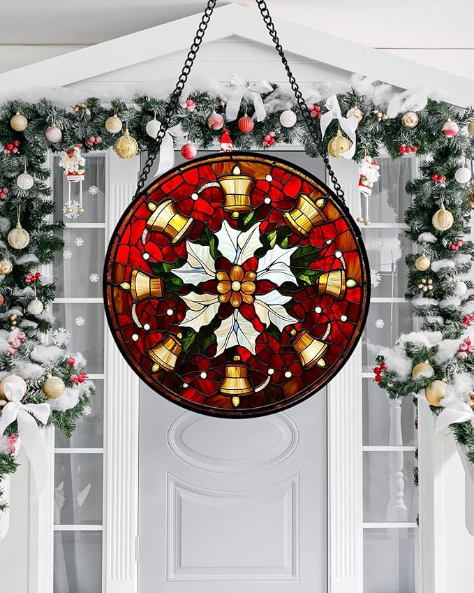 Stained Glass Window Hanging - Golden Bells Flowers Suncatcher for Doors Home Christmas Decoration Winter Sun Catcher Thanksgiving New Year Birthday Gift for Friend Women Men Mom Nana 9.8 in