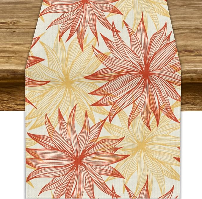Autumn Chrysanthemum Table Runner, Vintage Modern Geometric Floral Boho Table Runner for Kitchen Dining Bedroom Living Room Table Decor for Indoor Outdoor Home Party, 13x108 Inch