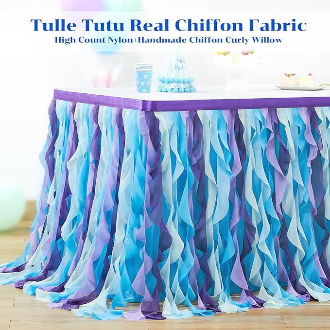 PARTISKY Mermaid Tulle Tutu Ruffle Curly Willow Table Skirt for Rectangle Table 6ft, Mermaid Themed Party Table Cloth for Girls Birthday Party or Baby Shower