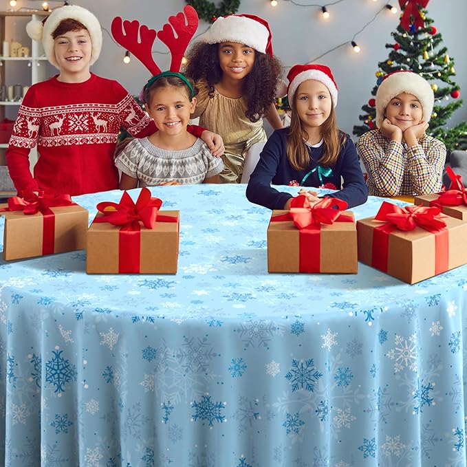 12 Pcs Christmas Snowflake Plastic Party Tablecloth Decorations,Disposable Light Blue Snowflake Round Table Cover Backdrop for Winter Onederland Christmas Holiday Party Supplies,84 inch (Light Blue)
