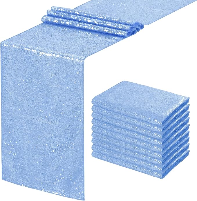 SoarDream Baby Blue Table Runner 10 Pieces 12x72 Inches Sequin Fabric Glitter Table Runner for Party Holiday Birthday Wedding Baby Shower Supplies Decorations