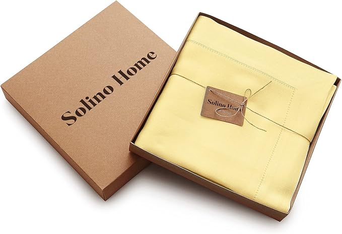 Solino Home Yellow Linen Tablecloth 60 x 90 Inch - Classic Hemstitch, 100% Pure Linen Rectangular Tablecloth - Machine Washable Table Cloth