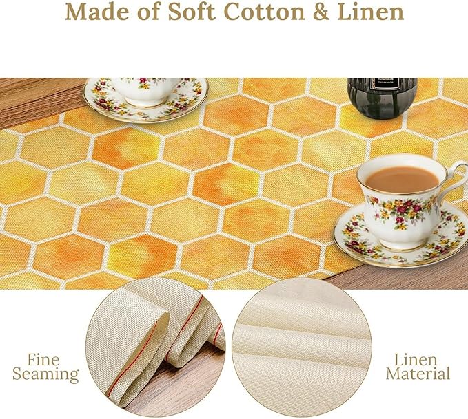 Honeycomb Bee Table Runner, Cute Abstract Geometric Yellow Honeycombs Print Table Cover for Kitchen Dining Table Indoor Outdoor Party Decor, 13x60inch