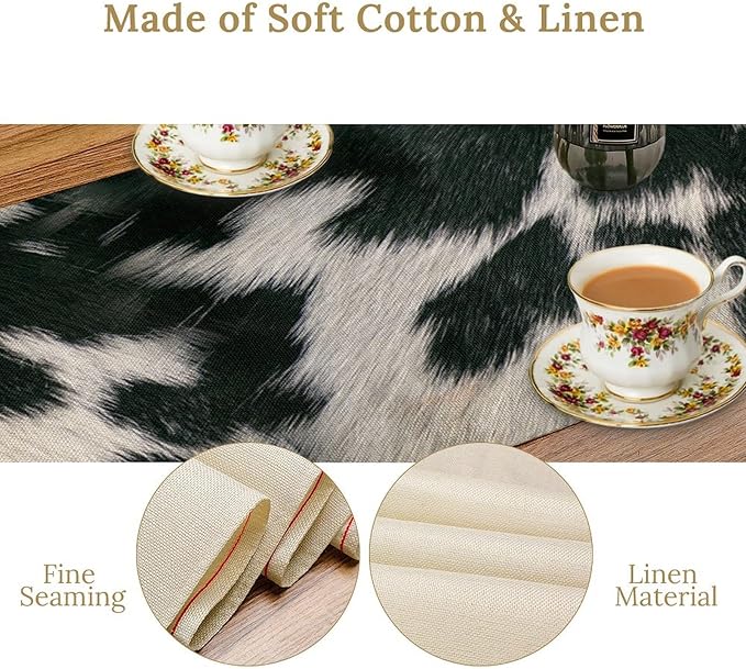 Cow Skin Print Table Runner, Rustic Country Farm Fur Skin Cowhide Pattern Western Style Black White Print Table Runner for Home Kitchen Dinning, 13x36 Inch