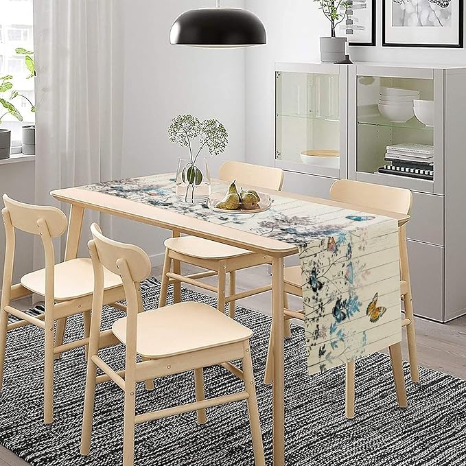 Nature Dandelion Table Runner,Rustic Floral Wood Plank Butterfly Girl Women Pattern Print Burlap Tablecloth for Hotel Indoors Outdoor Dining Room Kitchen Table Decor, 13x80in