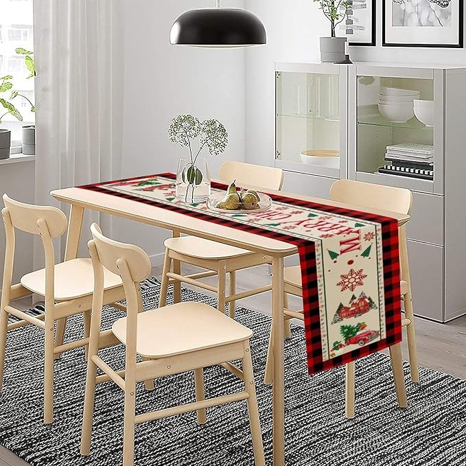 Merry Christmas Table Runner,Winter Xmas Holiday Table Cloth Kitchen Dining Table Decoration for Home Party Decor 13x60 Inch