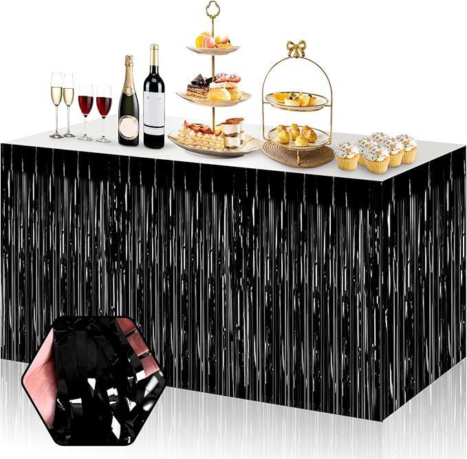 3 Pack 29x108 Inch Black Foil Fringe Table Skirts Metallic Banner for Tinsel Streamer Garland Backdrop for Parade Floats Wedding Thanksgiving Birthday Christmas Halloween Party Decoration