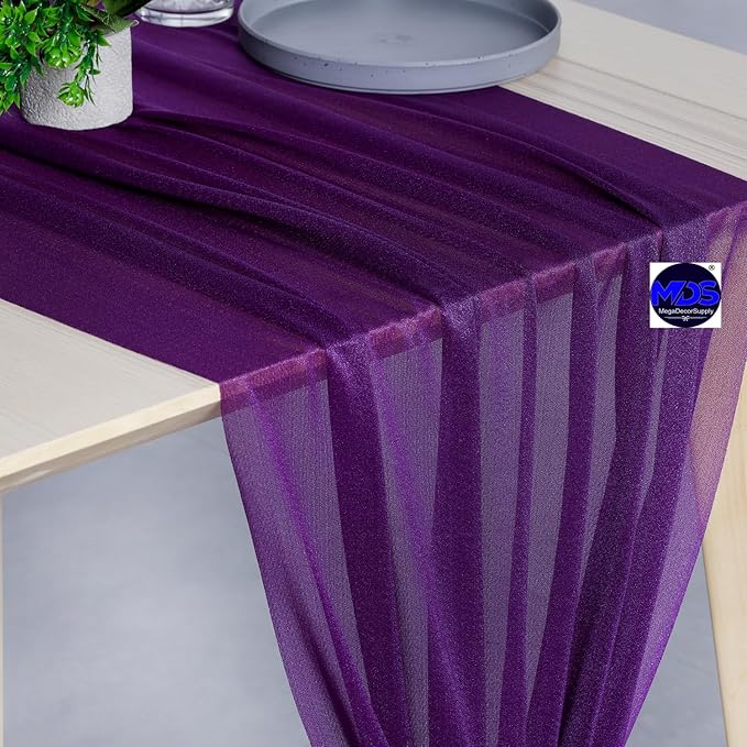 MDS 15 Pack 10ft Chiffon Table Runner 29 x 120 Inches Sheer Wedding Runner Romantic Rustic Table Runner for Wedding Decorations, Birthday Parties, Bridal Shower Party Arch Decor - Cadbury Purple