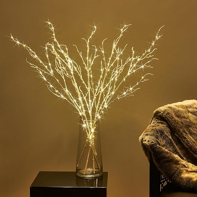 BAOLITVINE Lighted White Twig Branches 32IN 200 Warm White Fairy Lights, Lighted Willow Branches Plug in with Timer, Dimmer for Home Bedroom Fireplace Christmas Decoration Inside Outdoor