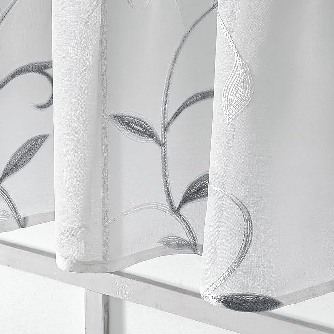 VISIONTEX White Sheer Voile Curtains, Decorative Leaves Embroidery Faux Linen Rod Pocket Window Drapes for Home Kitchen, Living Room and Bedroom 26 x 36 Inch, Set of 2 Curtain Panels