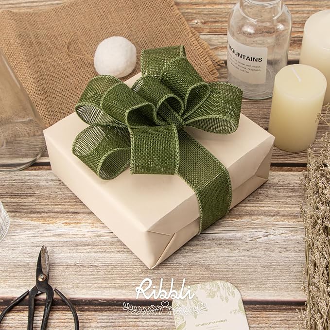 Ribbli Dark Moss Burlap Wired Ribbon,1-1/2 Inch x 10 Yard, Wired Edge Ribbon for Big Bow,Wreath,Tree Decoration,Outdoor Decoration