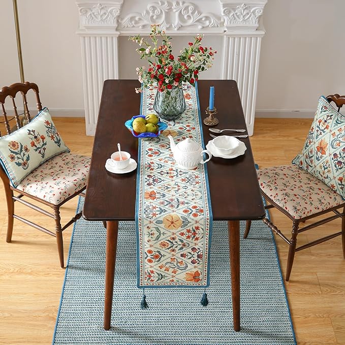 ISAENNE Designer Bohemian Elegant Linen Table Runner 102 Inches Long,Colorful Flower Pattern Table Runners for Dining Tables,Thanksgiving,Kitchen Tables,Christmas,12"*102"-Floralsea A