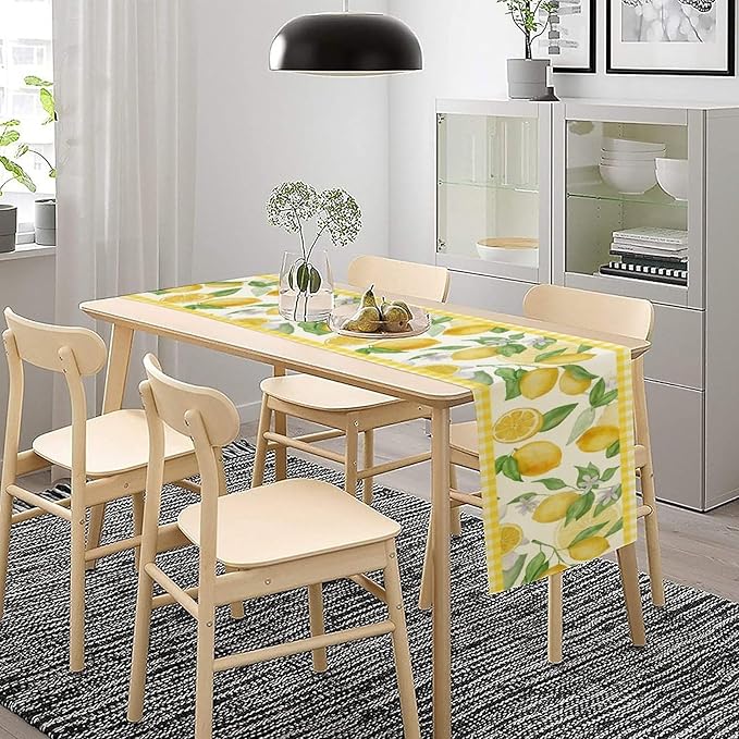 Lemon Table Runner,Yellow White Buffalo Plaid Summer Table Runner for Kitchen Dining Table Home Party Decoration 13x90 Inch