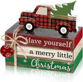4 Pcs Christmas Table Decor Winter Table Decorations Christmas Tiered Tray Decor Decorative Truck Book Decorations Indoor Rustic Wooden Snowflake Block Sign Gift Farmhouse for Home Shelf