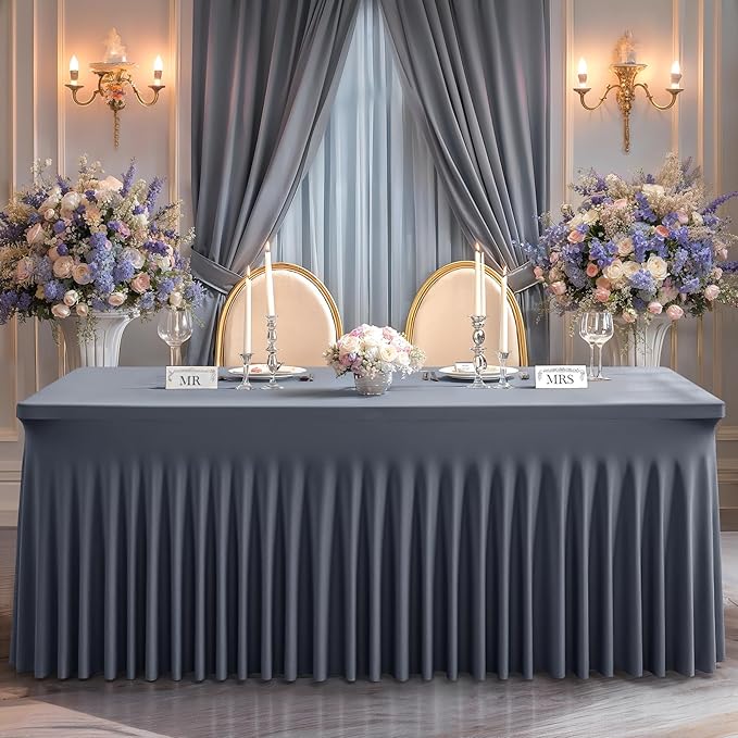 Wish Care 6 Pack Gray Spandex Table Clothes for 8 Foot Rectangle Tables, 8FT Wrinkle Free Fitted Tablecloths Ruffles Design Table Cover for Party, Banquet, Wedding and Events