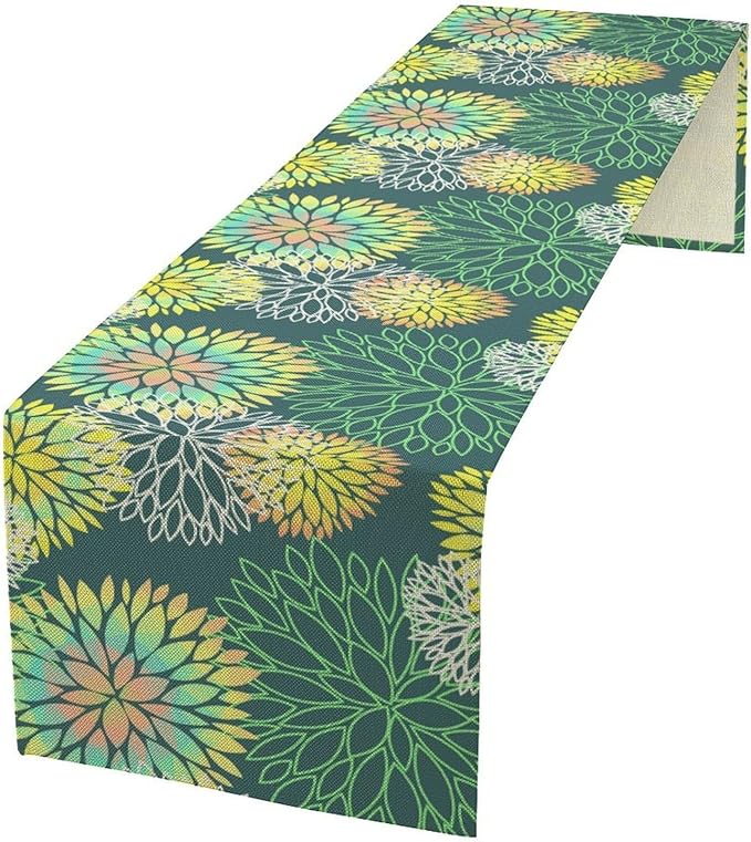 Green Dahlia Flower Table Runner, Linen Geometric Pattern Floral Table Decor Spring Farmhouse Decorations for Kitchen Dining Holiday Party Decor, 13x60 Inch