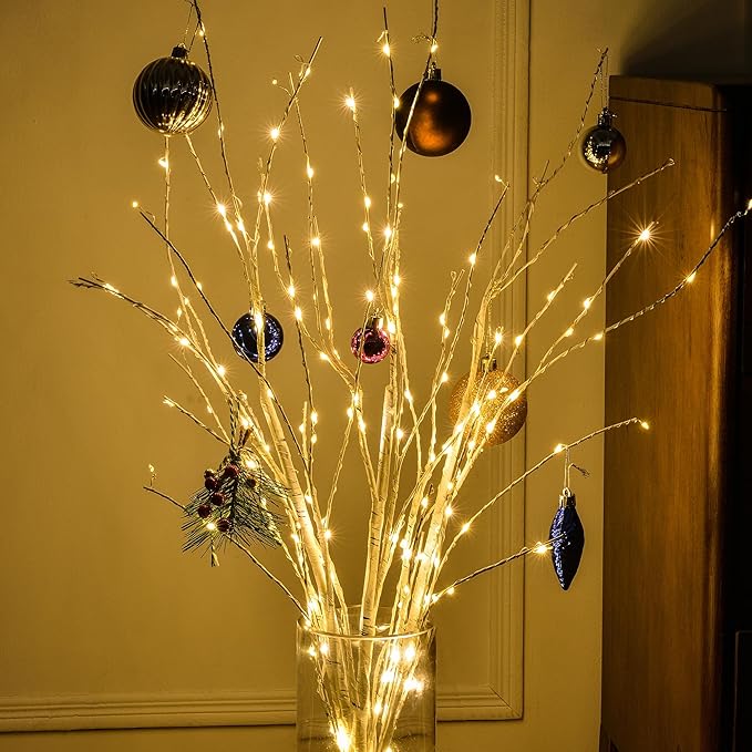 Bexdir Lighted Birch White Tree Branches 33IN 180LED with Timer Plug in, Artificial Tree White Birch Twig for Christmas Home Decor Party Wedding Bedroom