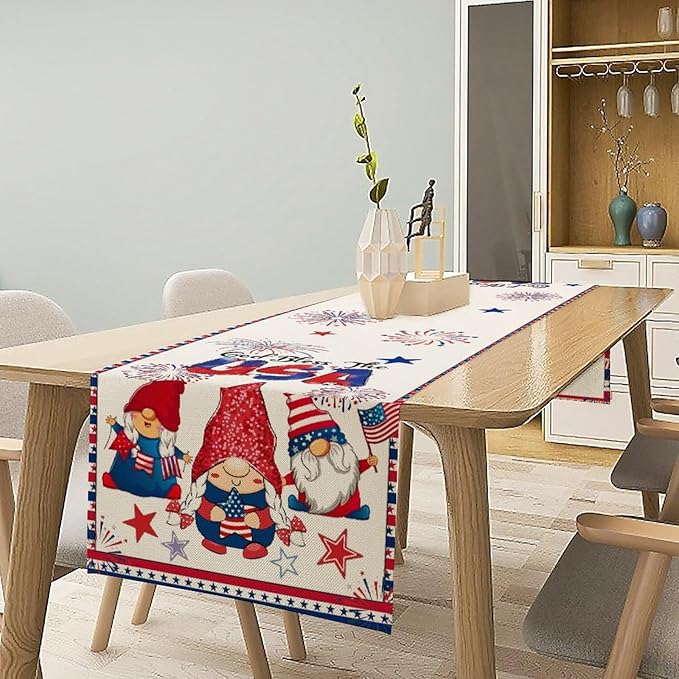 Cute Patriotic Gnomes Table Runner, American Independence Day 4th of July Gnome Blue Red Fireworks Confetti Print Table Runner for Home Kitchen Dining Table Party Decor, 13x36inch