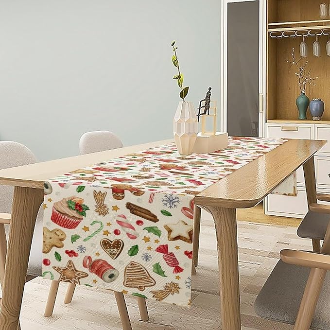 Christmas Table Runner, Christmas Gingerbread New Year Xmas Table Cloth Kitchen Dining Table Decoration for Home Party Decor 13x108 Inch