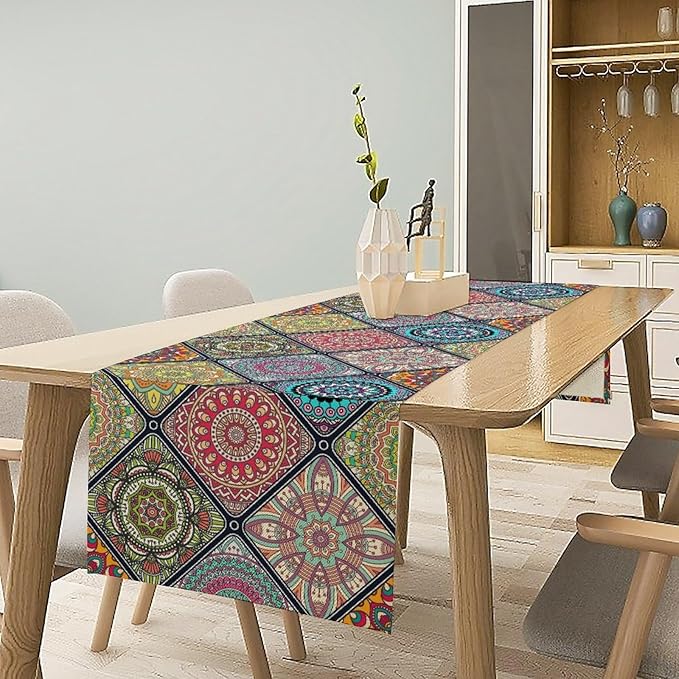 Boho Bohemian Table Runner, Vintage Indian Floral Print Table Cover for Farmhouse Kitchen Dining Table Decor Holiday Party, 13x90inch