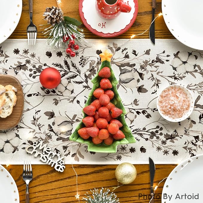 Artoid Mode Leaves and Flowers Cotton 210 GSM Winter Table Runner, Seasonal Christmas Kitchen Dining Table Decoration for Home Party Decor 13x36 Inch