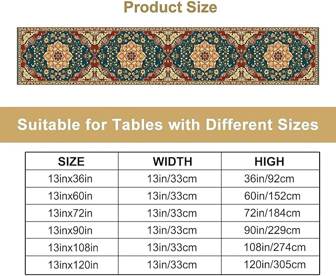 Boho Rich Table Runner, Vintage Blue Teal Gold Retro Flower Rustic Country Style Floral Print Pattern for Home Kitchen Table Decor Dining Coffee Room Garden Party Decor 13x90in