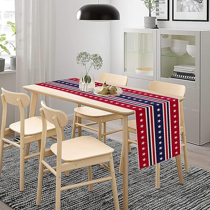 4th of July Table Runner, USA Flag Stars Stripes American Independence Day Red Blue White Stars Lines Print Table Cover for Farmhouse Kitchen Indoor Outdoor Home Party, 13x90inch