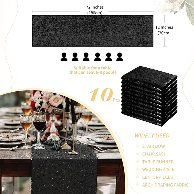 SoarDream Black Table Runner 10 Packs 12x72 Inches Sequin Metallic Fabric Glitter Table Runner for Party Birthday Holiday Event Supplies Decorations
