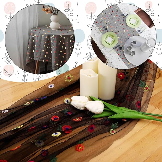 BINBE 1pcs Black Daisy Fall Table Runner Embroidery Gauze 10FT Florals Seasonal Tulle Holiday Birthday Kitchen Dining Table Decor for Home Party