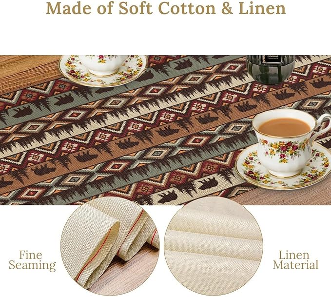Retro Cabin Table Runner Rustic Bear Forest Farmhouse Lodge Jungle Table Runner for Dinner Party Living Room Kitchen Aztec Vintage 13x60 Inch