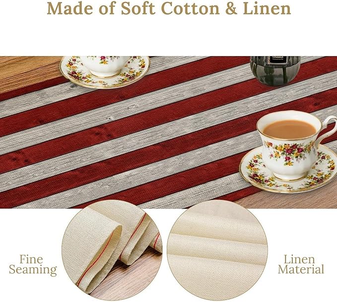 American Flag Table Runner, 4th of July USA Rustic Vintage Wooden Blue Red Stars Stripes Print Table Runner for Farmhouse Kitchen Dining Table Decor, 13x120inch